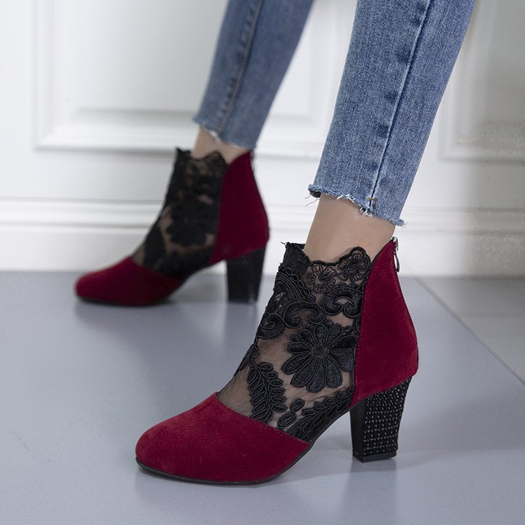 Damen Schnürstiefeletten Norvielle Florale Spitze Blockabsatz