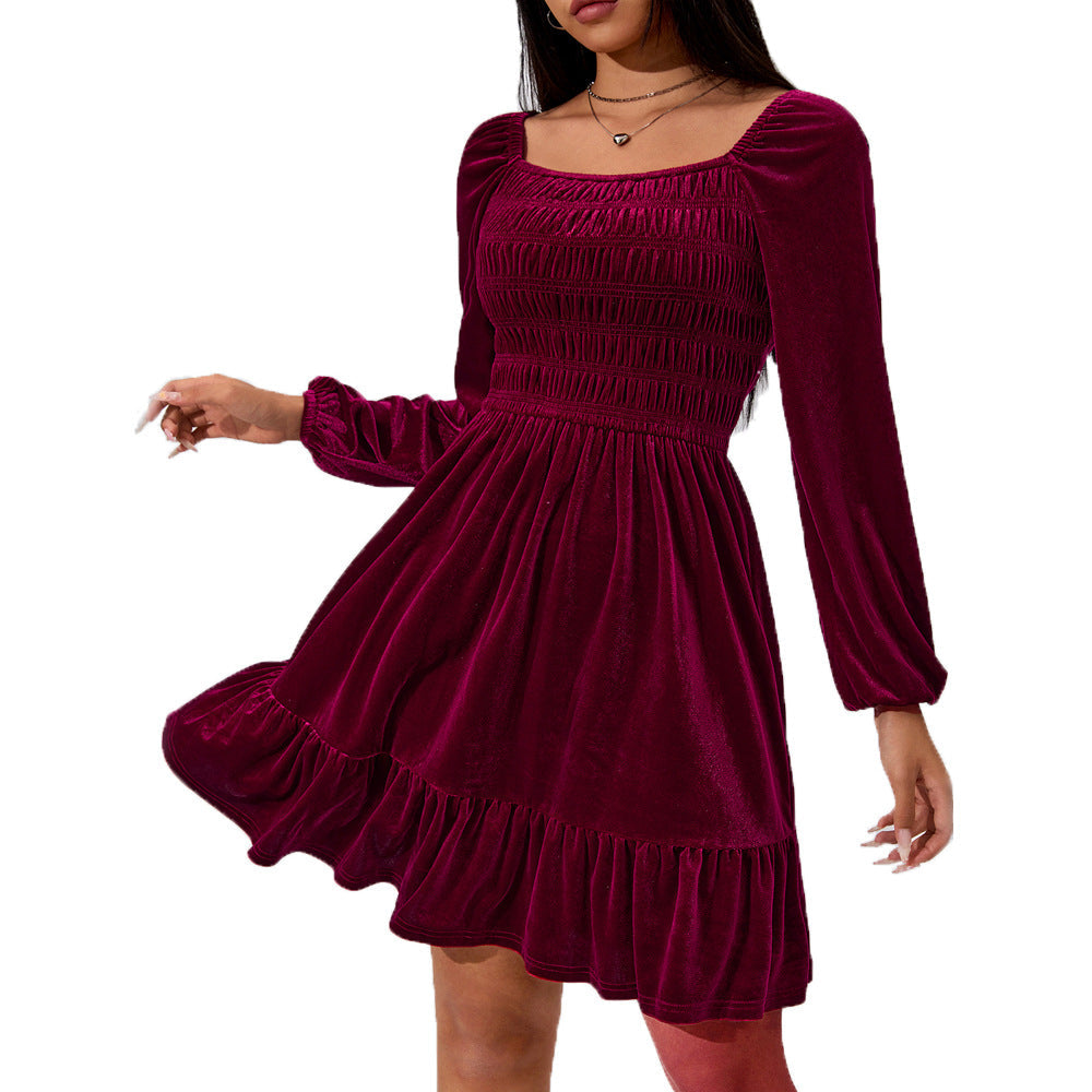 Damen Minikleid Samt Rüschendetails Elastischer Bund
