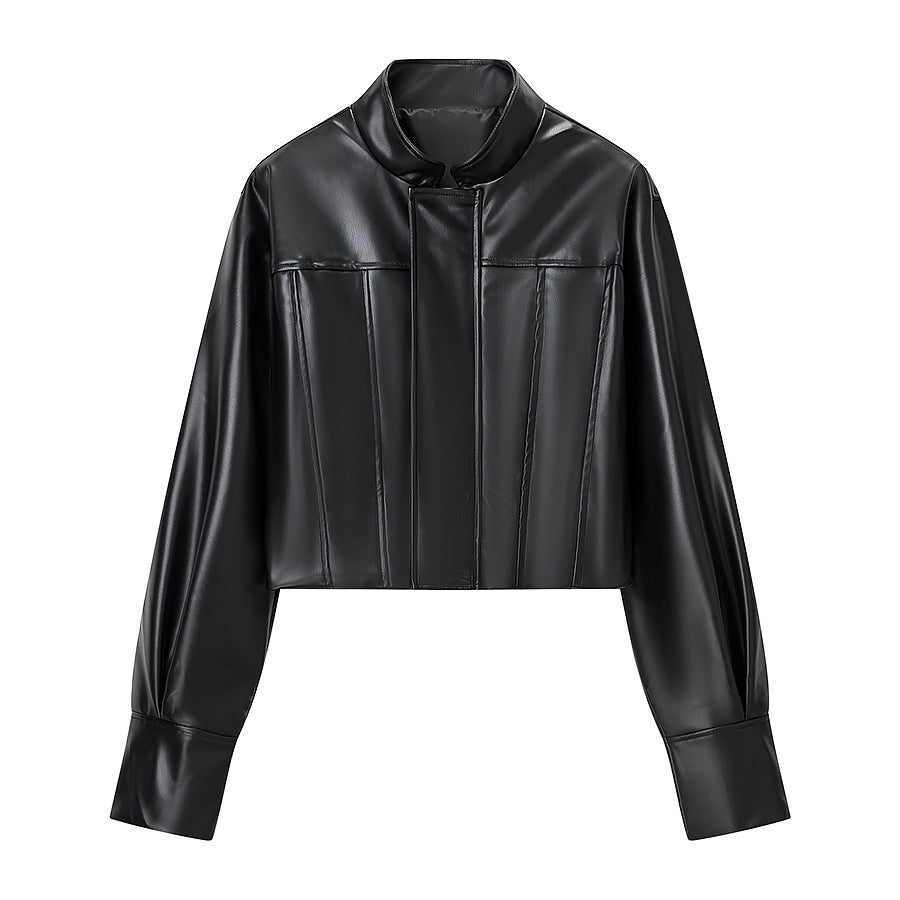 Damen Kunstlederjacke Stehkragen Strukturiert