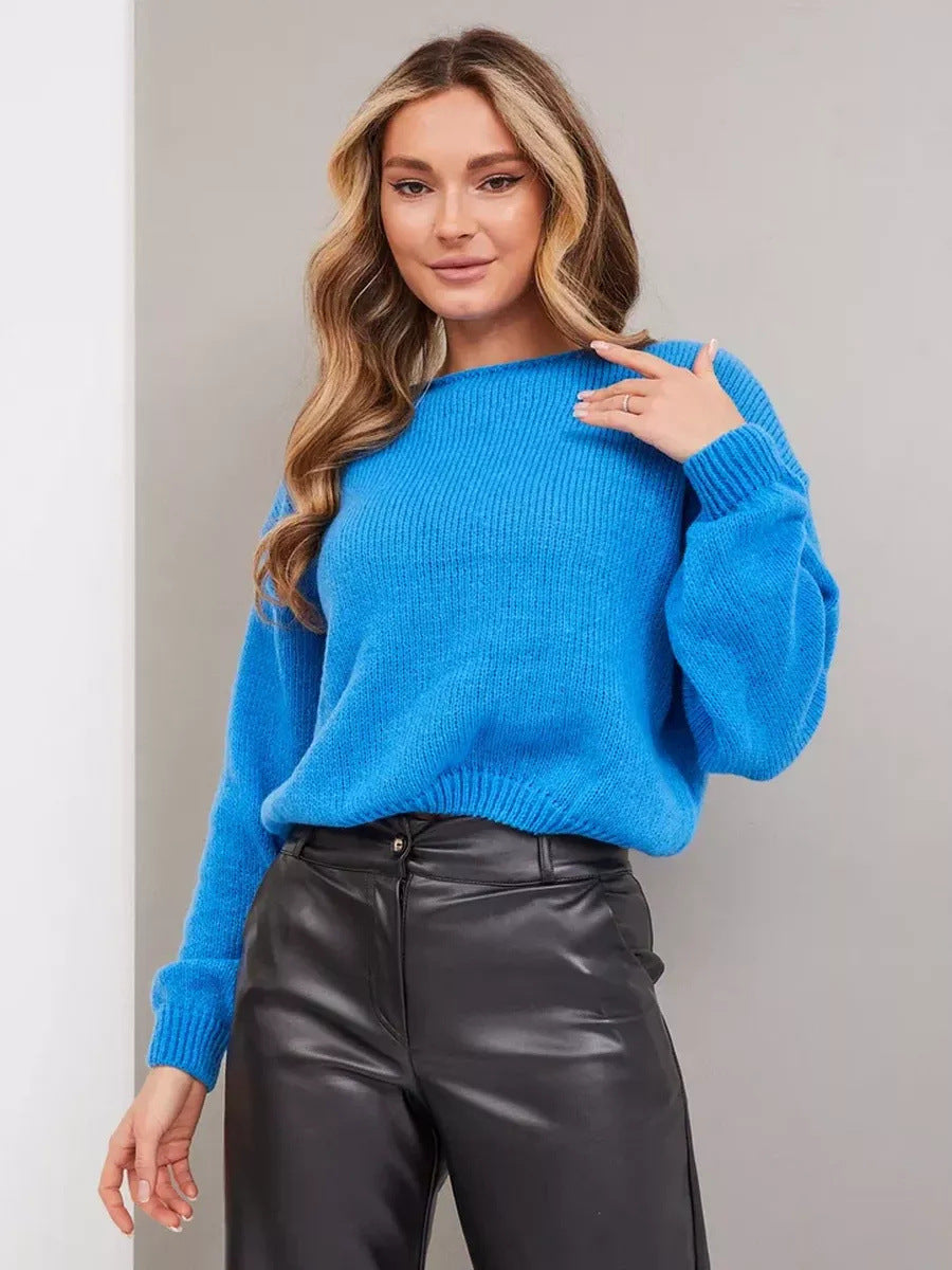 Damen Grobstrickpullover Weite Ärmel Rundhalsausschnitt Beige