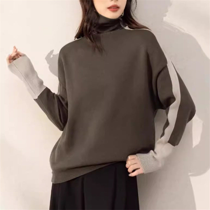 Damen Oversized Pullover Rollkragen Kontrastärmel Norvielle