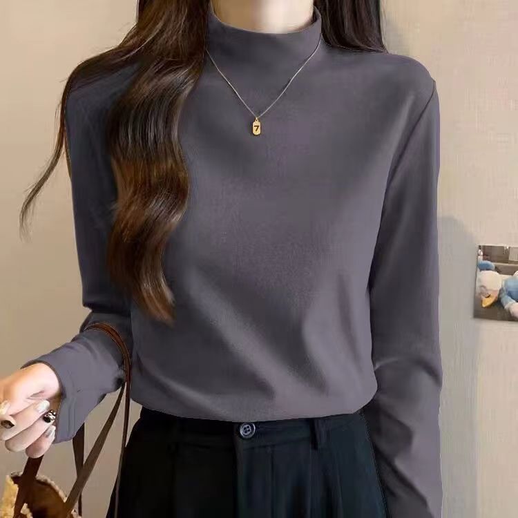 Damen Langarmshirt Hochgeschlossener Kragen Feine Struktur Beige