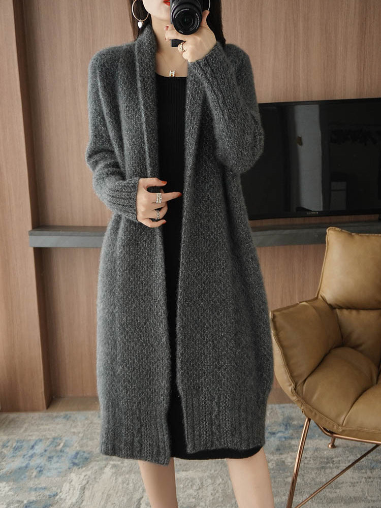 Damen Strickjacke Offene Front Zopfmuster Beige