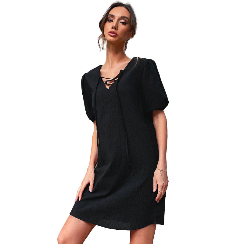 Damen Freizeitkleid mit Schnürung und Puffärmeln Norvielle