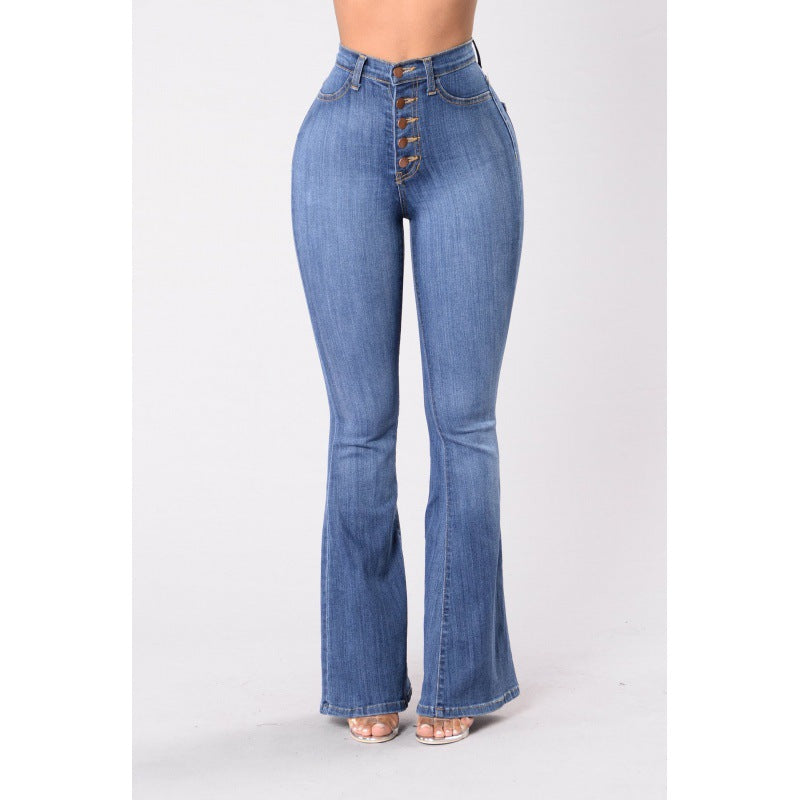 Damen Highwaist Flared Jeans Knöpfe