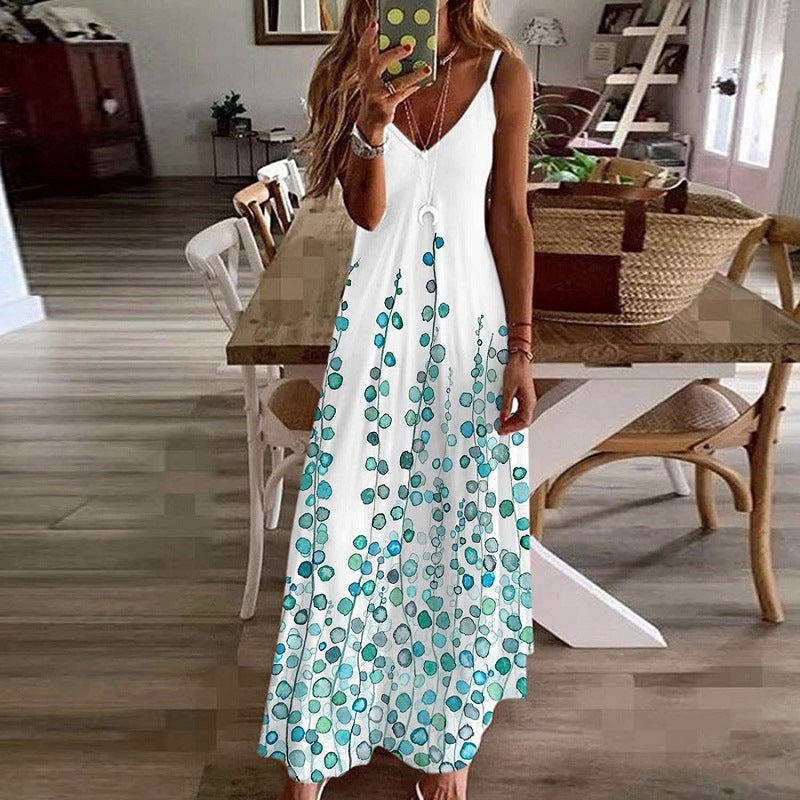 Damen Maxikleid Baumwolle Blumenprint V-Ausschnitt Luftig