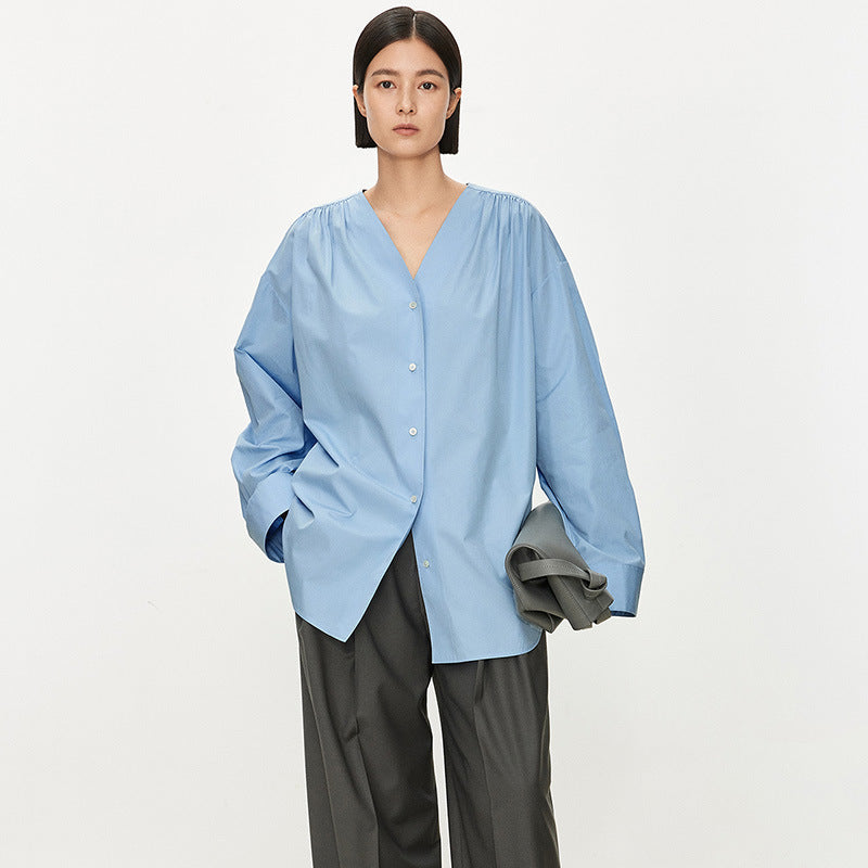 Damen Oversize-Hemd V-Ausschnitt Baumwolle Weiß