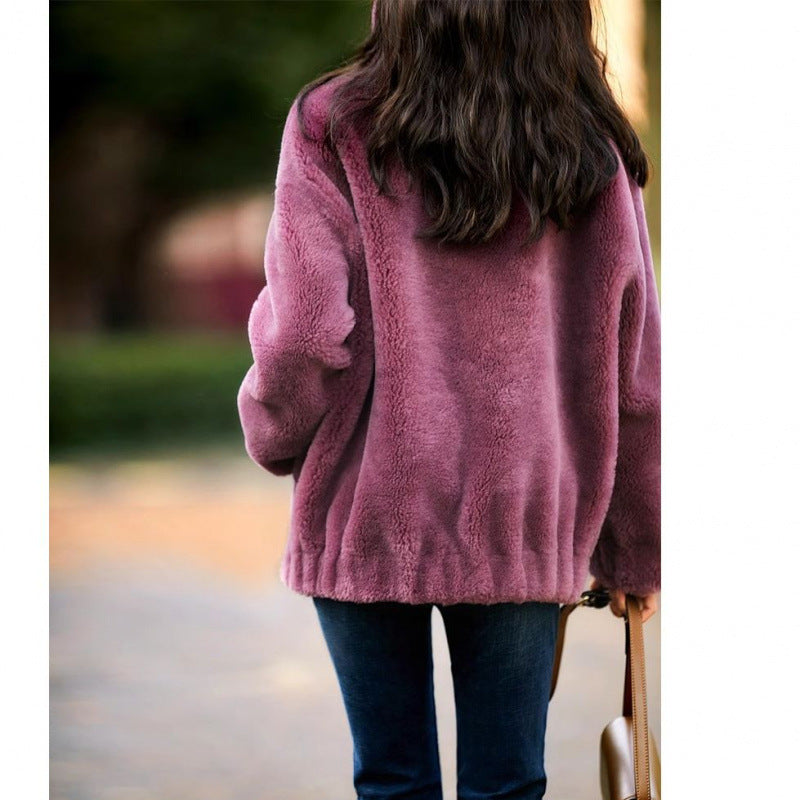 Damen Plüschjacke Hochkragen Reißverschluss