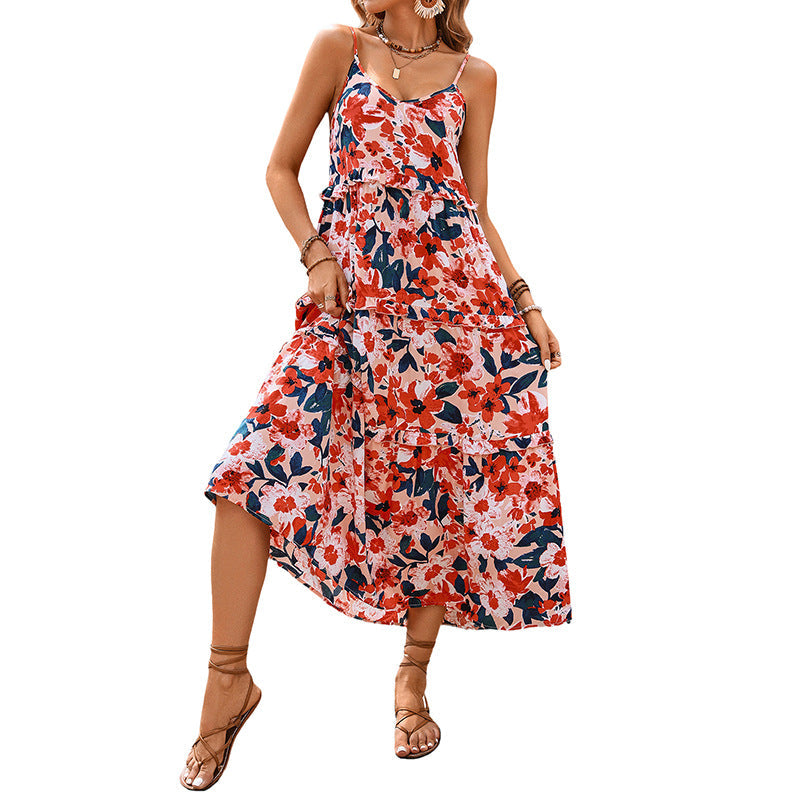 Damen Maxikleid Florale Rüschen Spaghettiträger Norvielle