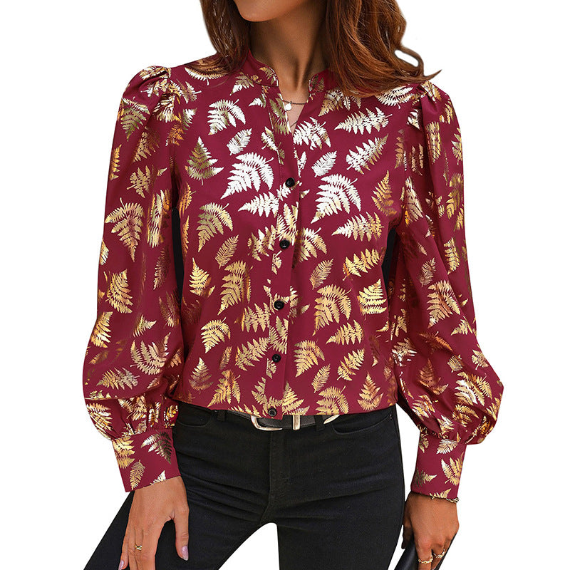 Damen Bluse Blattmuster Puffärmel Norvielle