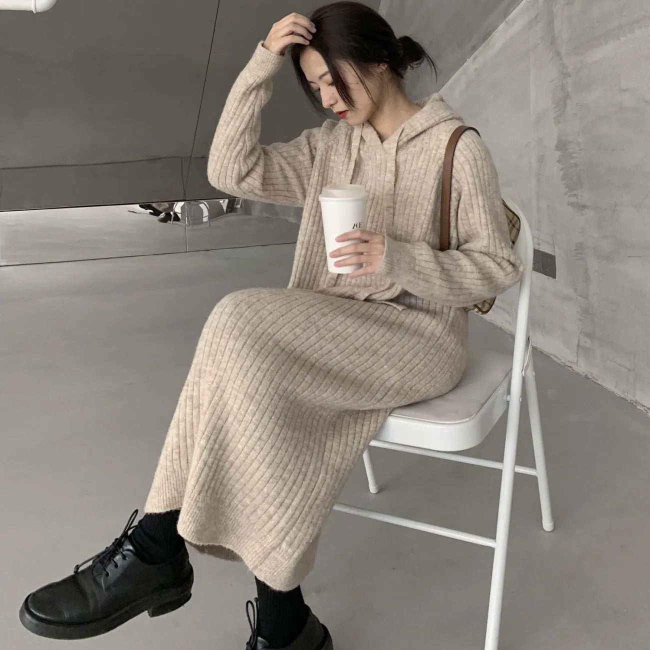 Damen Strickpullover Kapuze Rippstruktur Norvielle