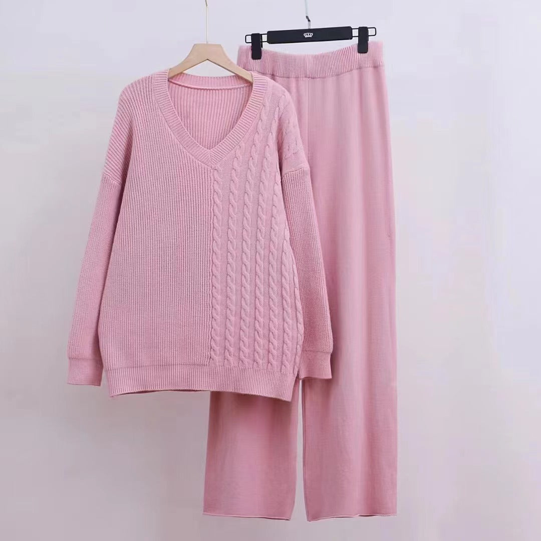 Damen Feinstrickpullover und weite Hose mit V-Ausschnitt und