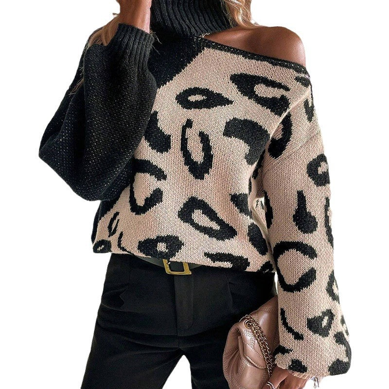 Damen Strickpullover Leopardenmuster Stehkragen Norvielle