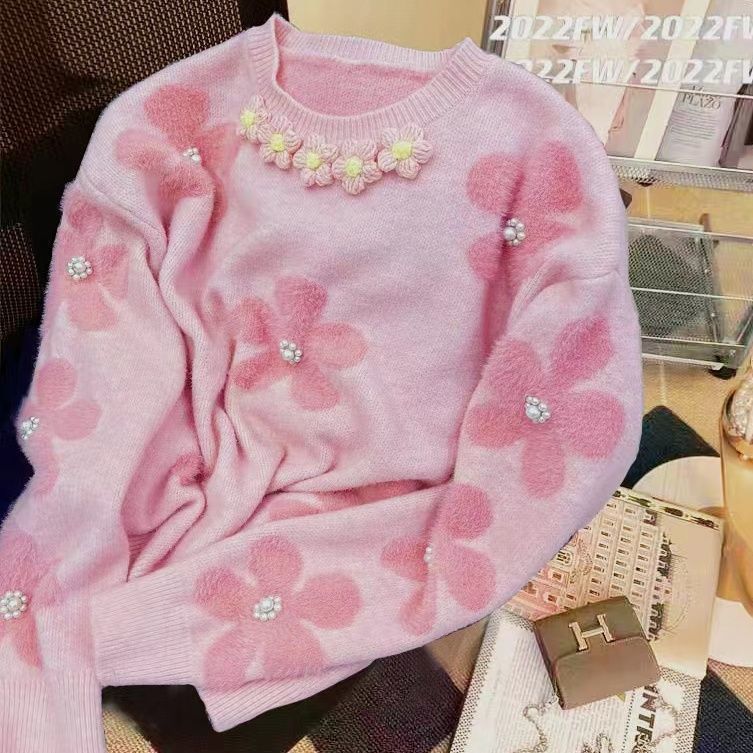 Damen Strickpullover Floral Mit Perlendetails