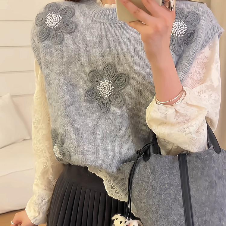 Damen Strickpullover Florale Applikationen Strukturiert Norvielle