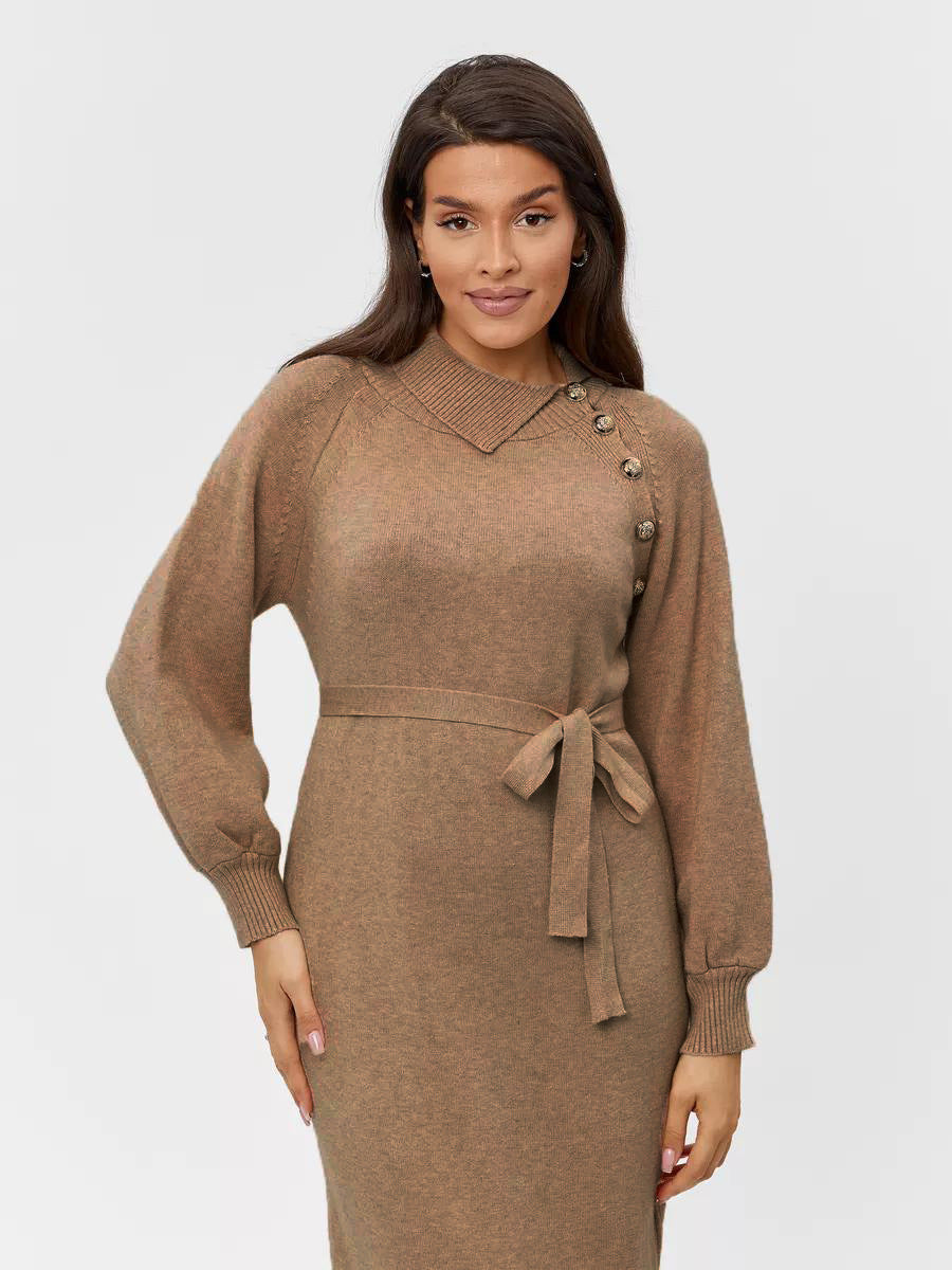 Damen Strickkleid mit Gürtel und Knöpfen