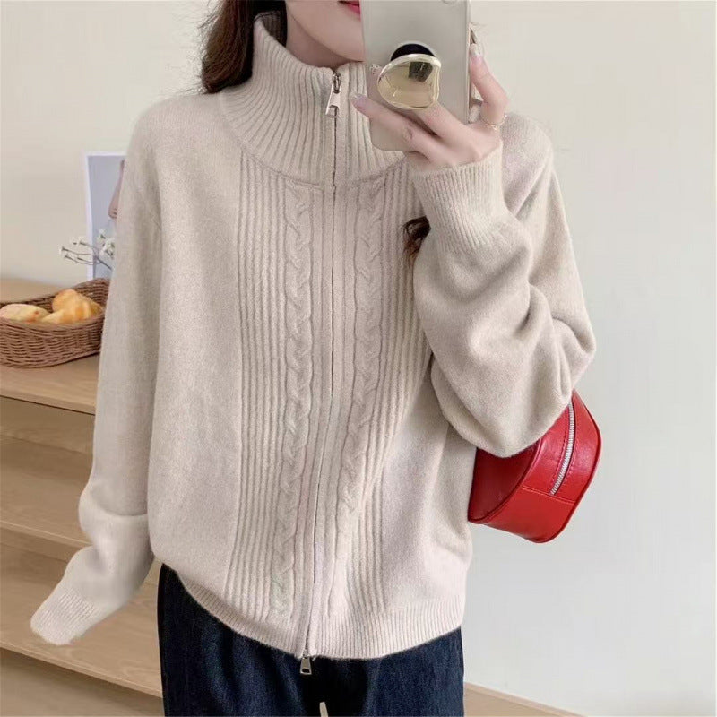 Damen Strickjacke Zippkragen Hochwertig Grün
