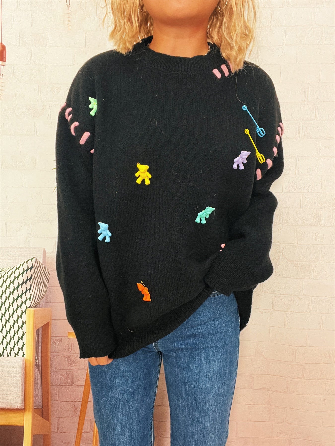 Damen Pullover Bunt Applikationen Weitschnitt
