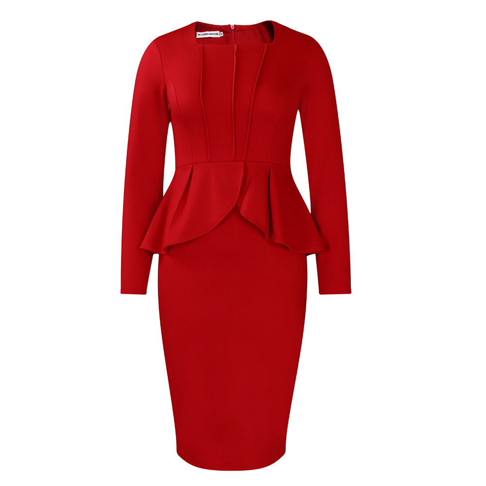 Damen Etuikleid Langarm mit Peplum Norvielle