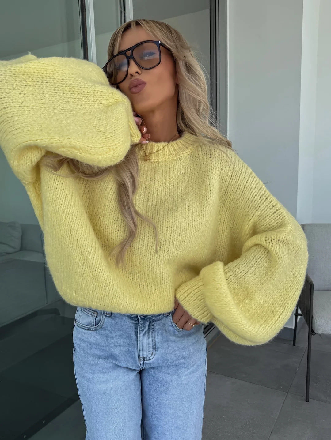 Damen Strickpullover Oversized Voluminöse Ärmel Beige