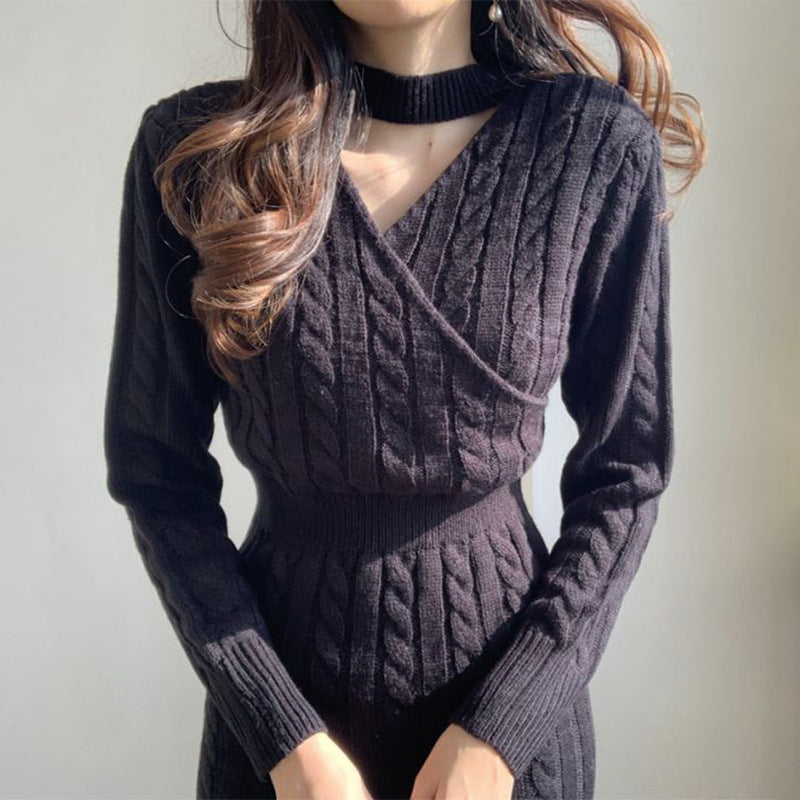 Damen Langkleid Strick Zopfmuster Hochtaillenschnitt Bunt