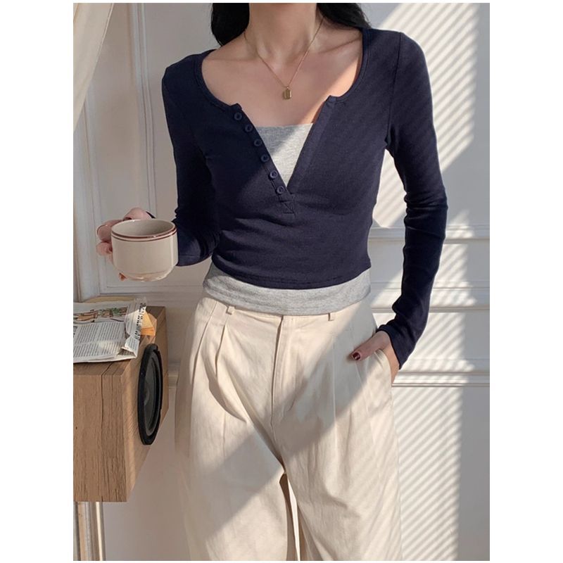 Damen Langärmliges Baumwollshirt Mit Knöpfen Weiß