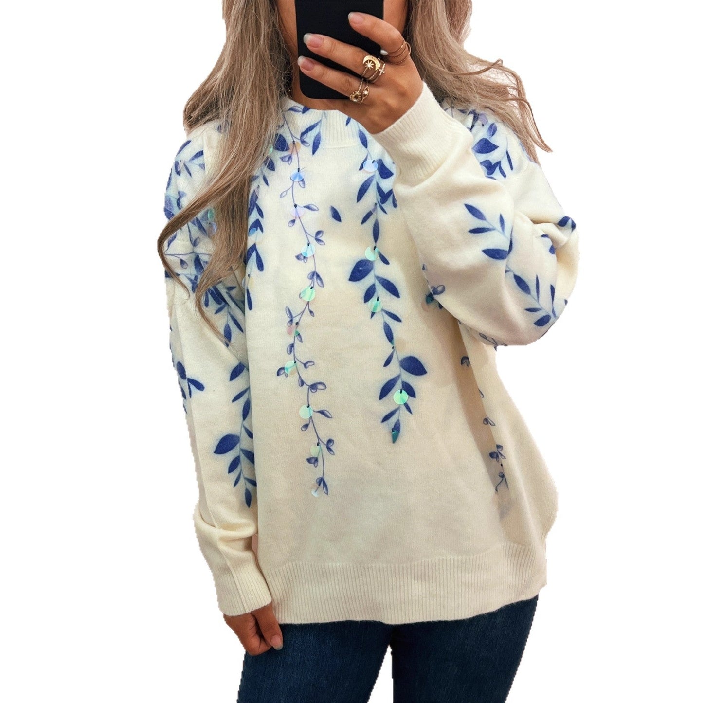 Damen Oversized-Pullover Kuschelfleece Floralmuster Beige