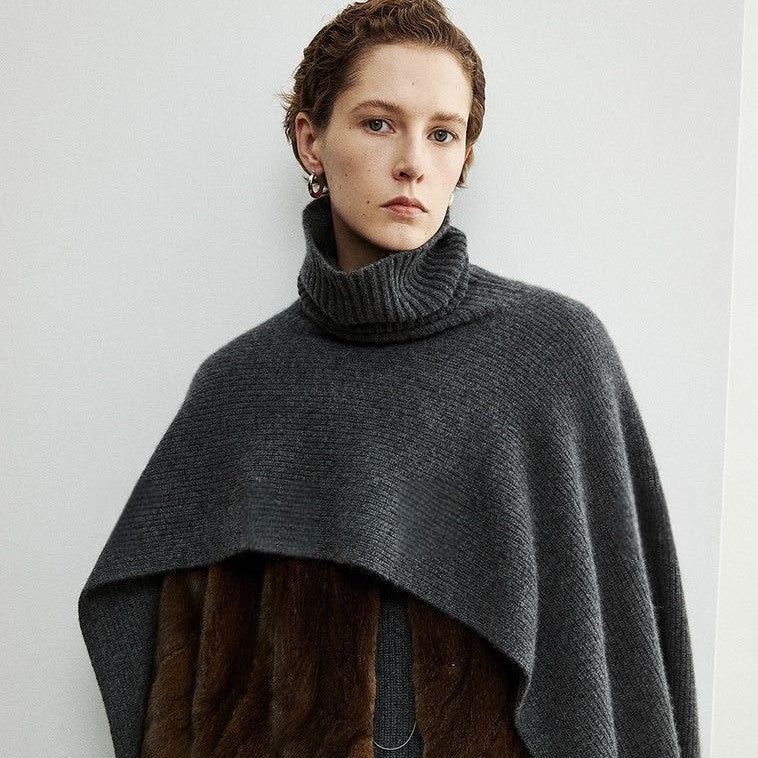 Damen Poncho Elegantes Design Extragroßer Kragen Beige