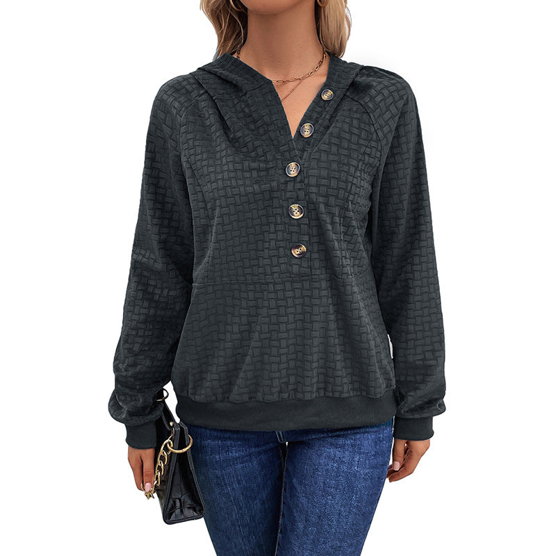 Damen Kapuzenpullover Strukturiertes Design Dekorative Knöpfe