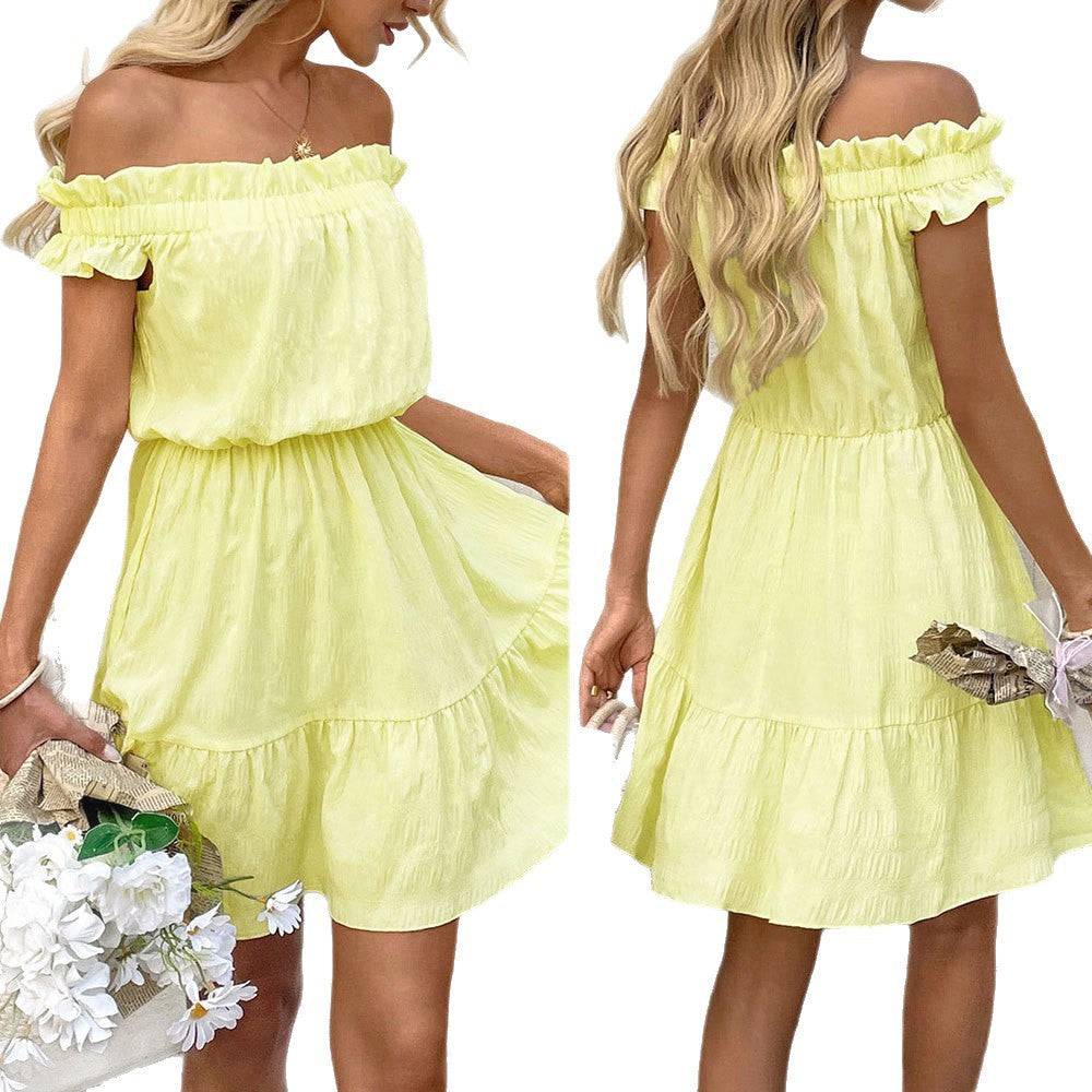Damen Sommerkleid Kurz Schulterfrei Rüschensaum Norvielle
