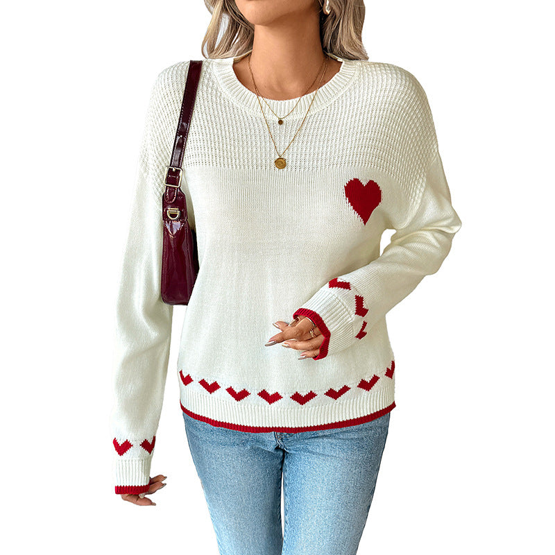 Damen Pullover Herzmuster Farbige Details Norvielle