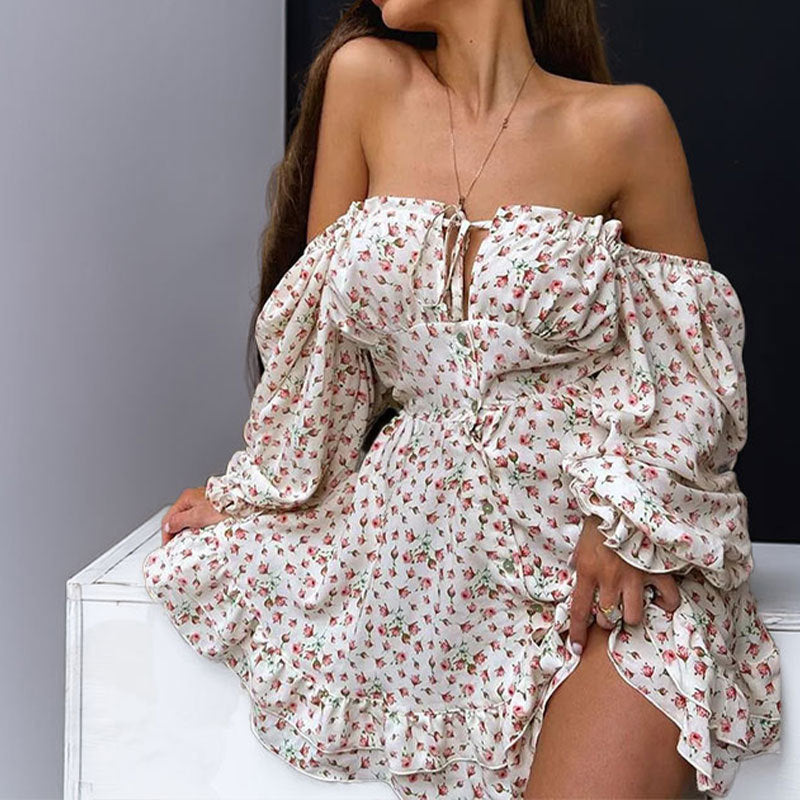 Damen Off-Shoulder Kleid Florale Muster Rüschendetails