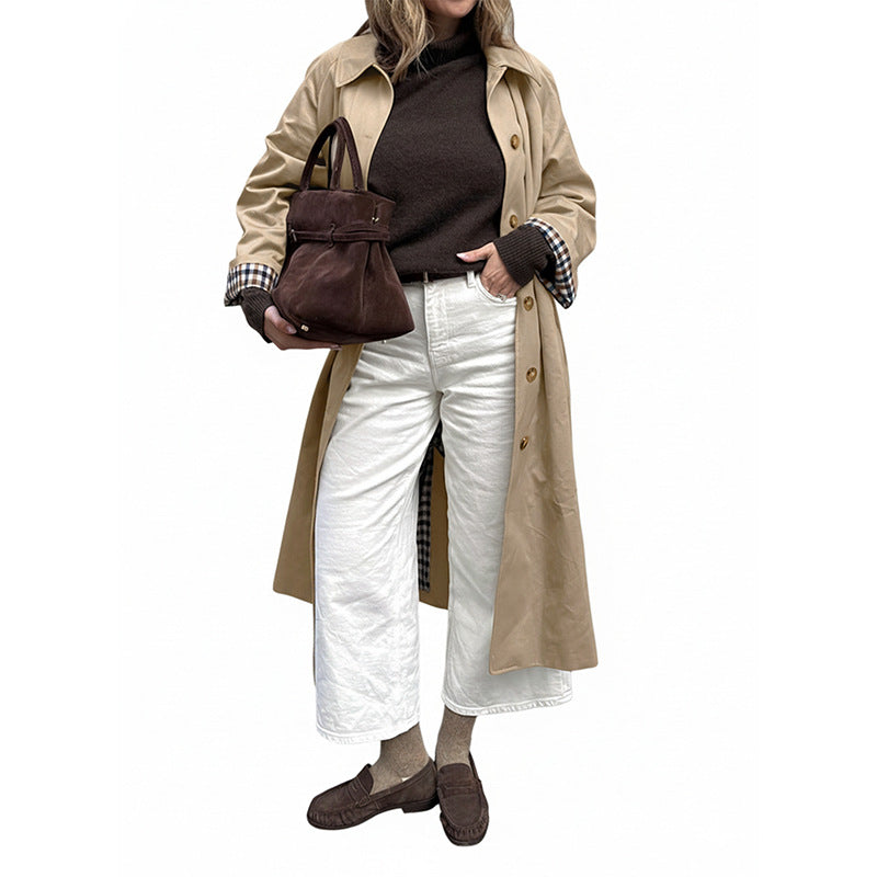 Damen Trenchcoat Kariertes Innenfutter Praktischer Schnitt Norvielle