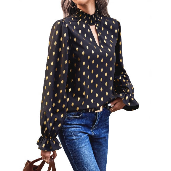Damen Bluse Elegante V-Ausschnitt Gold Akzente Norvielle