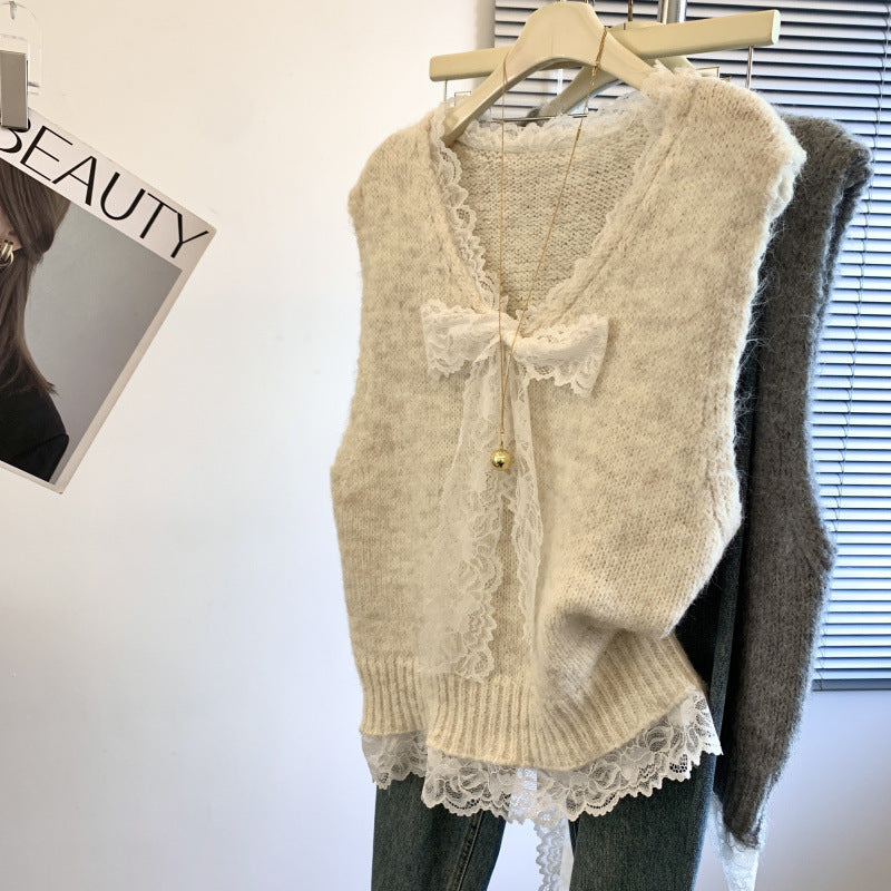 Damen Strickweste Spitzenkragen Bogen