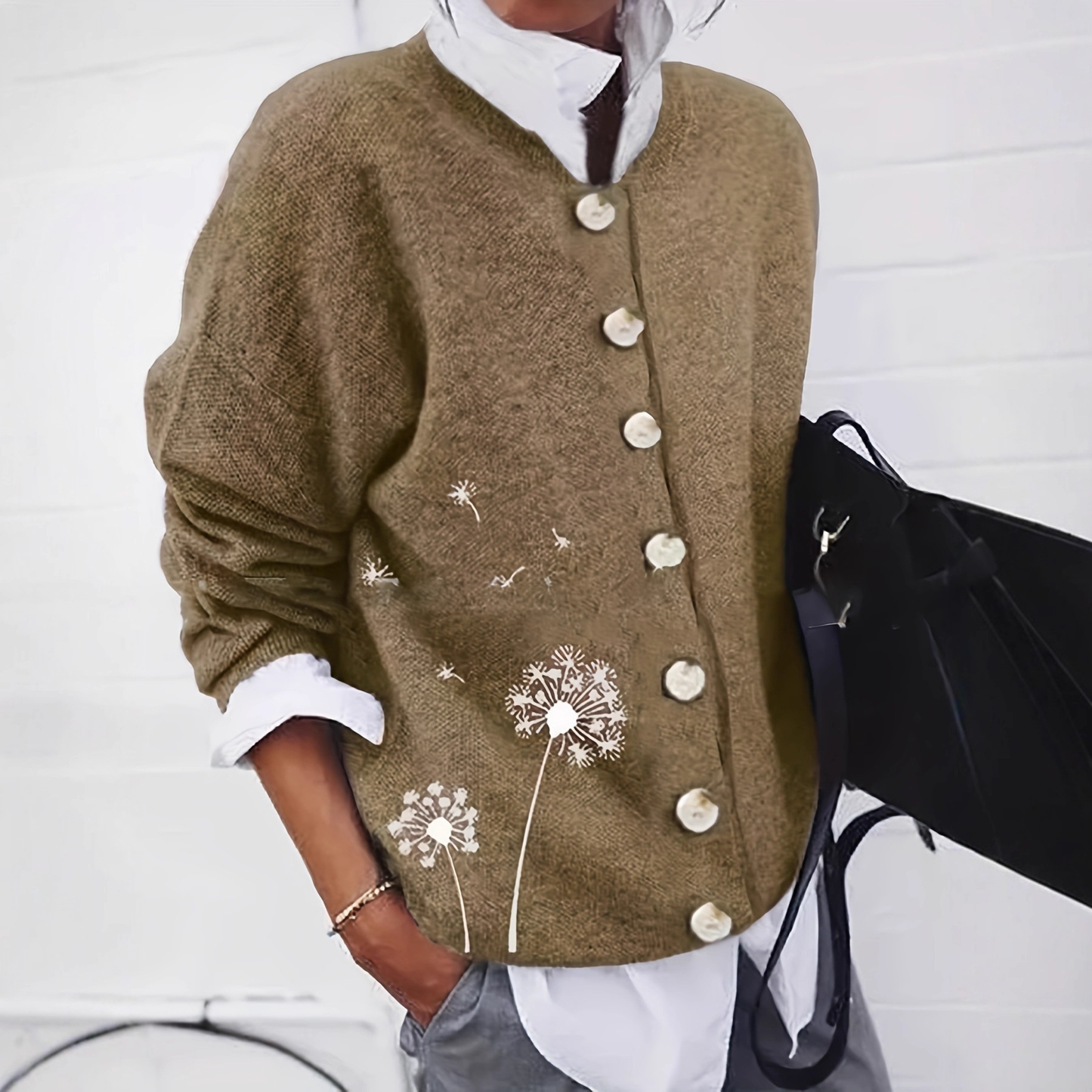 Damen Strickjacke Löwenzahn Muster Knopfleiste