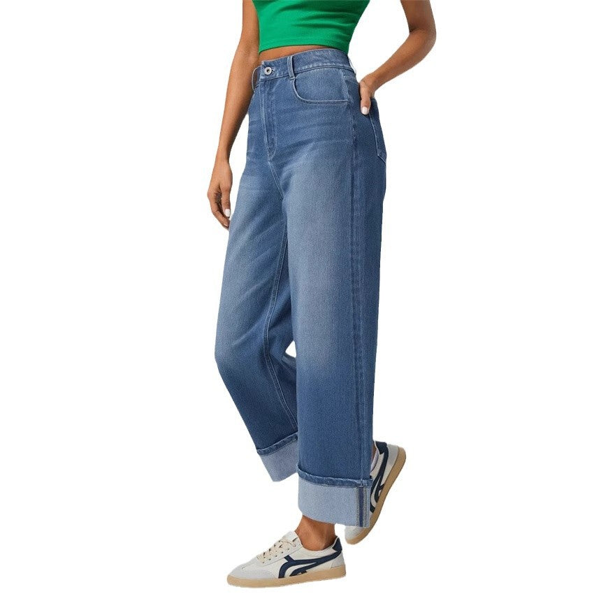 Damen Weite Denim-Hose Umschlag-Saum