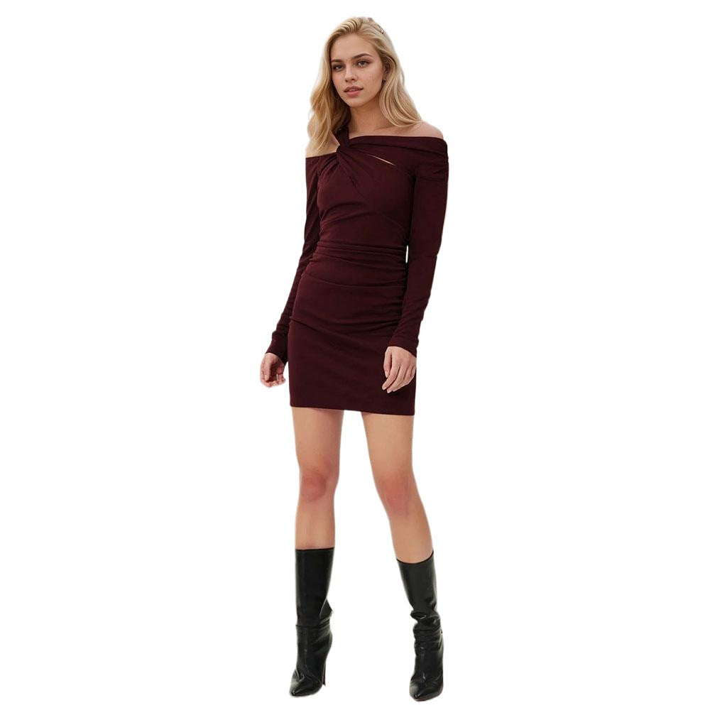 Damen Minikleid Asymmetrischer Ausschnitt Lange Ärmel
