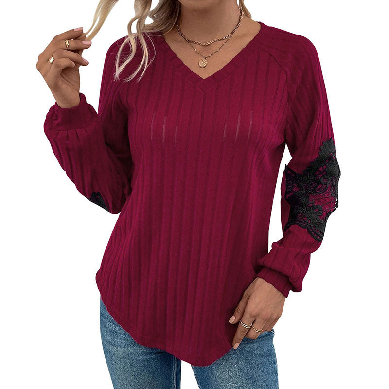 Damen Pullover V-Ausschnitt Spitze Ärmel