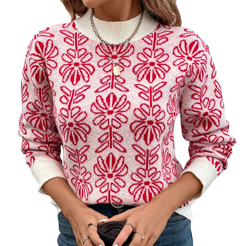 Damen Strickpullover Floralmuster Stehkragen Norvielle