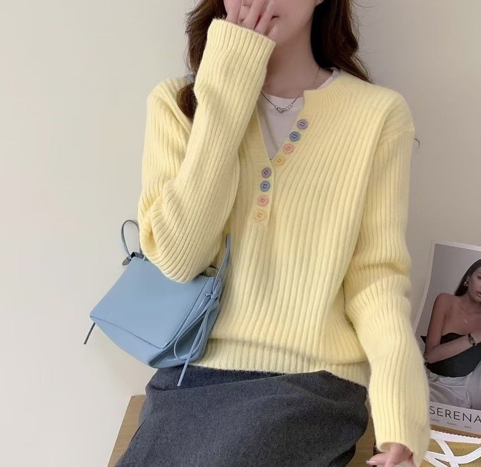 Damen Kuschel-Pullover Rundhalsausschnitt Knopfleiste Norvielle