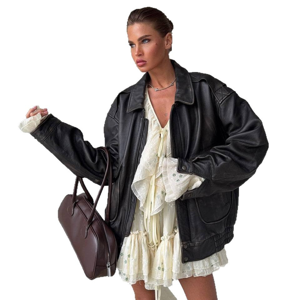 Damen Lederjacke Oversized Dekorative Taschen