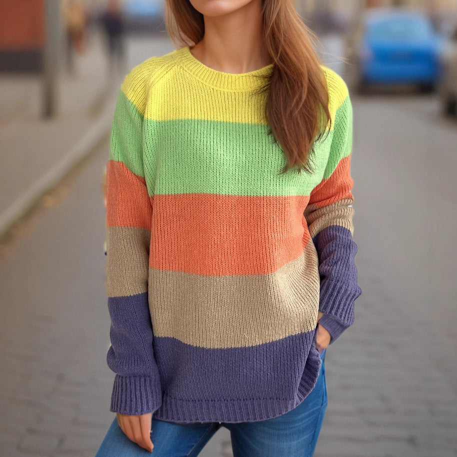 Damen Strickpullover Gestreift Bunt Lässiger Schnitt