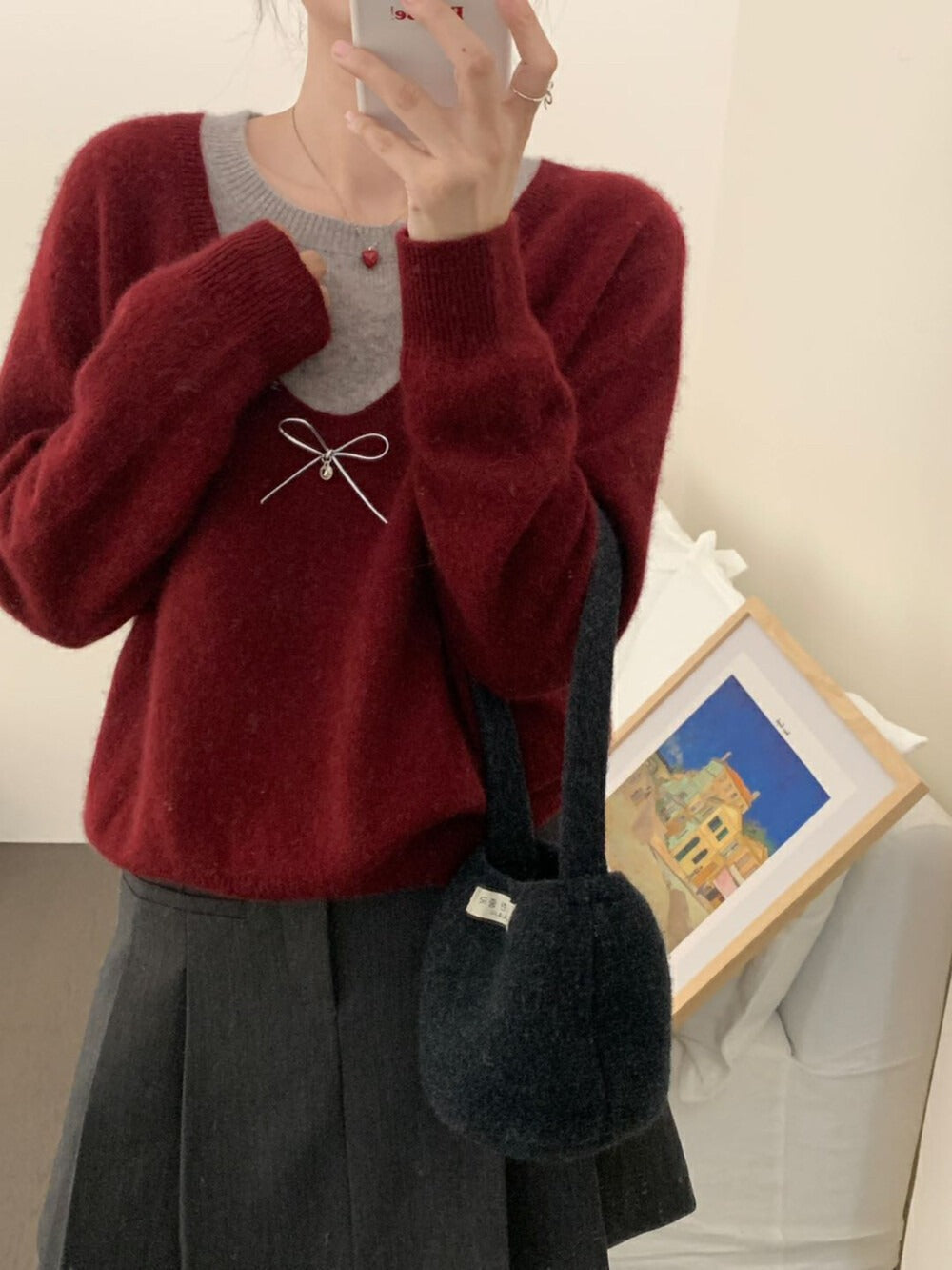 Damen Pullover V-Ausschnitt Schleifenapplikation Norvielle