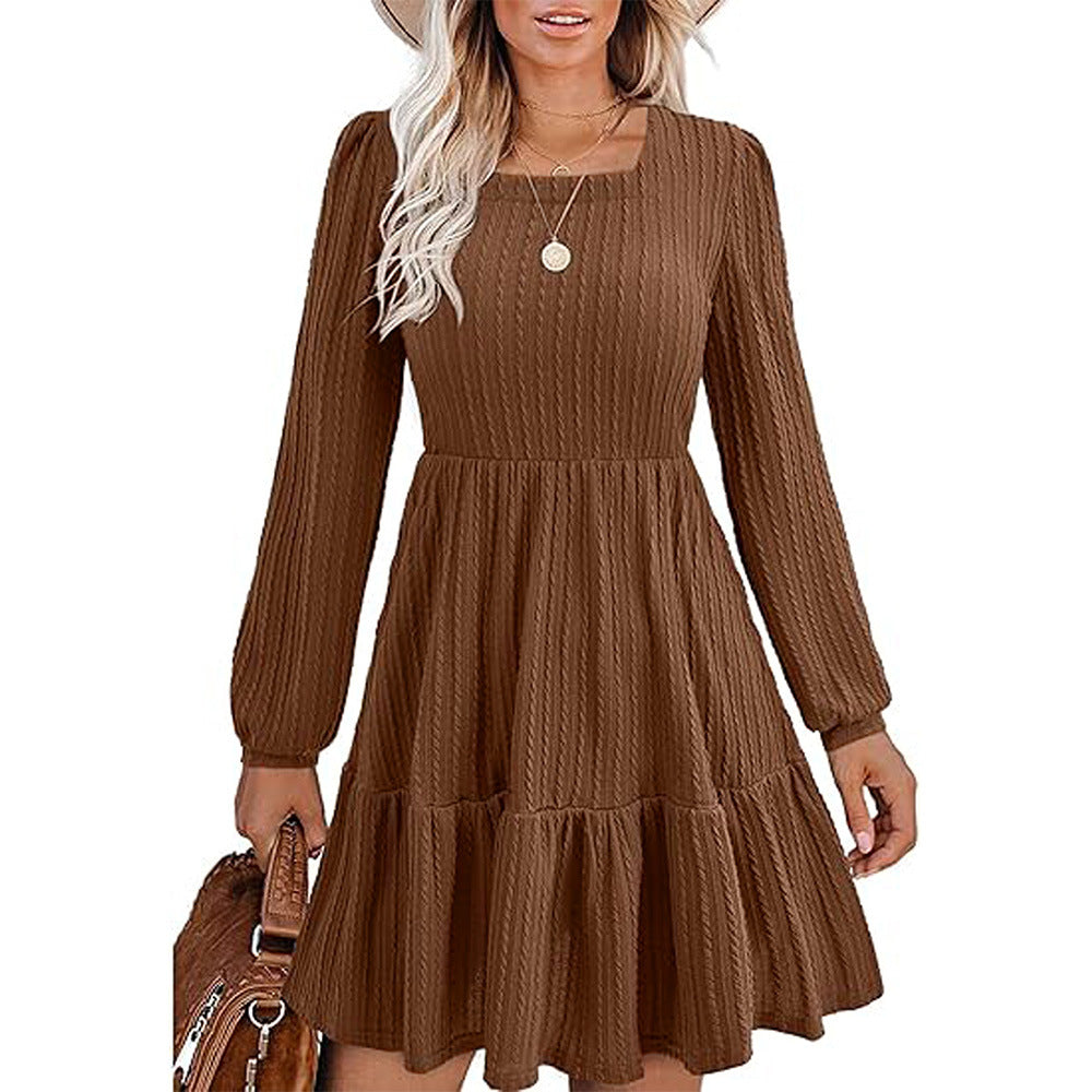 Damen Midi-Kleid mit Quadrat-Ausschnitt und Gerafften Ärmeln