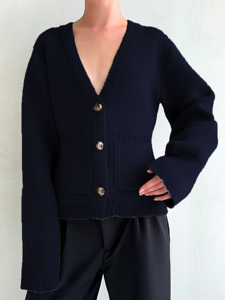 Damen Strickjacke V-Ausschnitt Große Taschen Norvielle