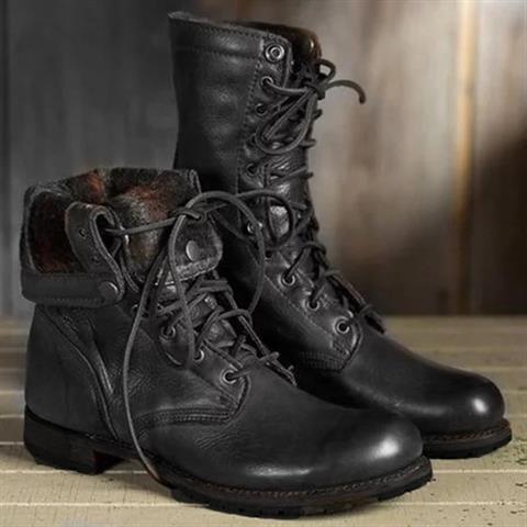 Norvielle Damen Schnürstiefel Leder Mittelhoher Schaft Runde Zehe
