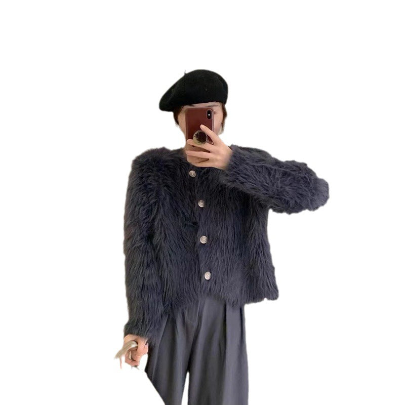 Damen Kurzjacke Flauschig Knopfdesign