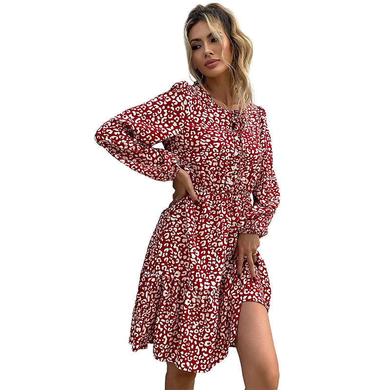 Damen Blusenkleid Elastischer Taillengürtel Leoprint