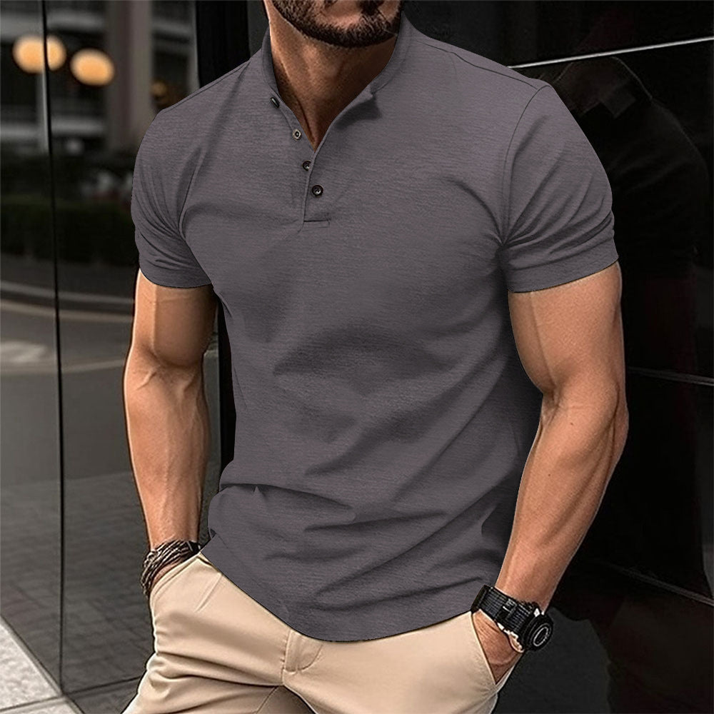 Herren Kurzarmshirt Stehkragen Knopfleiste Sommer Weiss